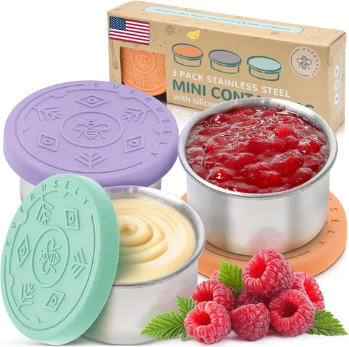 Everusely Vasos para condimentos – Paquete de 3, 1.7 oz / 1.7 fl oz, brillantes, de acero inoxidable – Recipientes de condimentos con tapas –