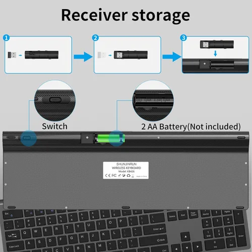 Vista 3 de Teclado inalámbrico delgado de tamaño completo 2.4G con teclado numérico, botón de calculadora, receptor USB, bloqueo Fn, diseño de interruptor