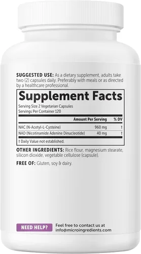 Vista 8 de Micro Ingredients NAC with NAD+ 1,000 mg Per Serving, 240 Vegetarian Capsules 2-in-1 N-Acetyl-L-Cysteine with Nicotinamide Adenine Dinucleotide