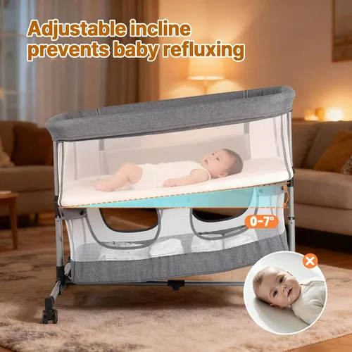 Vista 6 de Moisés de noche, cuna 3 en 1, cuna mecedora de 5 alturas ajustables, malla completa transpirable, mosquitera, cesta de almacenamiento, moisés