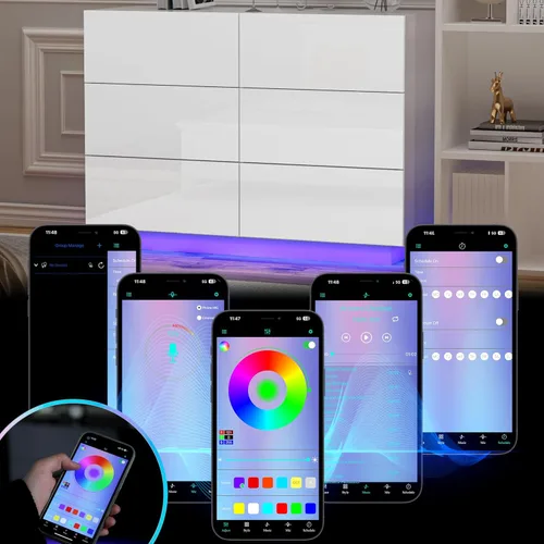 Vista 10 de Anbuy Cómoda doble LED negra de 6 cajones con luz, cómoda moderna para dormitorio con cajones de alto brillo, doble cómoda (negro)