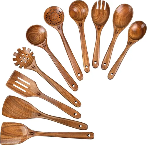 Vista 8 de Cucharas de madera para cocinar, 6 piezas, juego natural de utensilios de cocina de madera de teca, juego de utensilios de cocina con mango largo