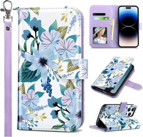 Vista 34 de ULAK Funda tipo cartera compatible con iPhone 14 para mujer, de piel sintética, diseño floral, con tarjetero y función atril, funda protectora tipo