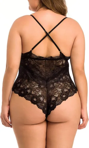Vista 3 de XAKALAKA - Body de encaje para mujer, talla grande, lencería de peluche y malla elástica con ligas XXL