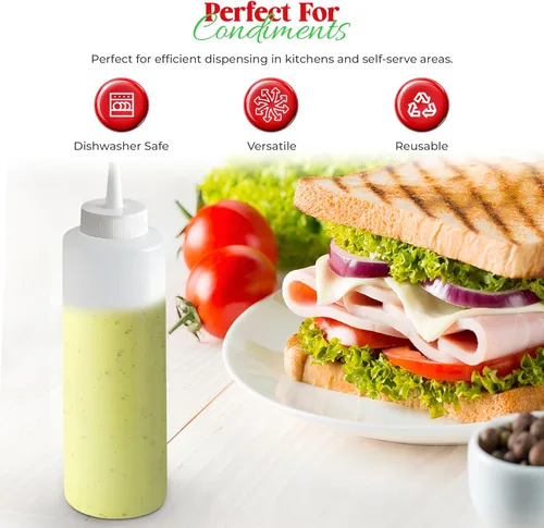 Vista 3 de OCS Parts Paquete de 6 botellas exprimibles de 8 onzas, fáciles de apretar, aptas para lavavajillas, para condimentos y salsa (transparente)