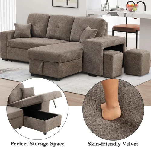 Vista 5 de Sofá cama de 95 pulgadas, sofá cama en forma de L de 3 plazas con diván de almacenamiento, sofá cama convertible extraíble, sofá cama seccional