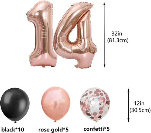 Vista 3 de Decoraciones de cumpleaños número 14: globos de papel de aluminio de estrella con el número 14 de oro rosa, confeti de látex para su fiesta