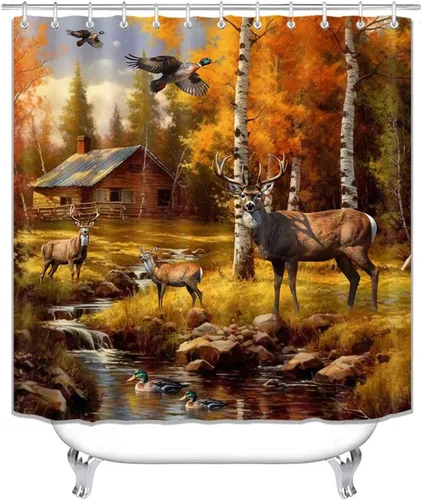 Vista 151 de Camille&Andrew - Juego de 4 cortinas de ducha de tela de ciervo rústico negro, alce, alce, pino, luna, casa de campo, panel rústico, tablero