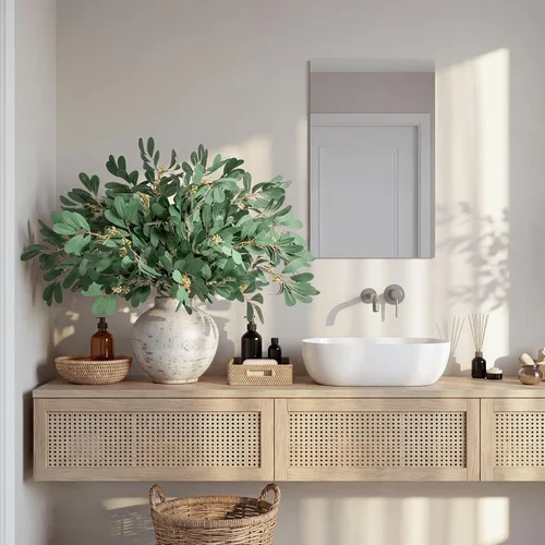 Vista 5 de Hojas artificiales de eucalipto, 20 piezas de tallos de vegetación grises, hojas de eucalipto de dólar de seda falsa para decoración del hogar