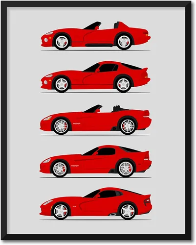 Vista 10 de Custom Car Posters Póster hecho a mano compatible con Dodge Viper Generations e impresión de Viper R/T GTS SRT10, color rojo con rayas blancas, 3.