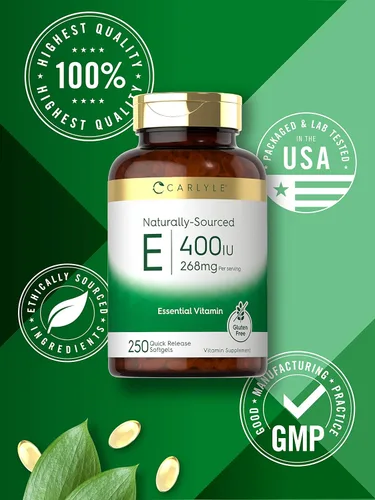 Vista 5 de Carlyle Cápsulas blandas de vitamina E de 400 UI 250 unidades De origen natural Sin OMG y sin gluten