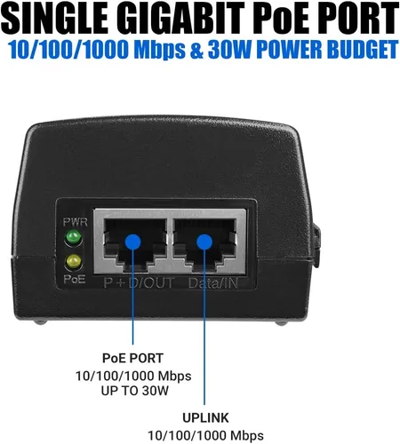 Vista 3 de BV-Tech Inyector Gigabit PoE+ de Alimentación a través de Ethernet 30W Plug & Play hasta 99 Metros