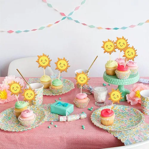 Vista 6 de 36 piezas de decoración para cupcakes de sol de doble cara con diseño de flores y sonrisas, decoración de cupcakes SunShine para temática de sol