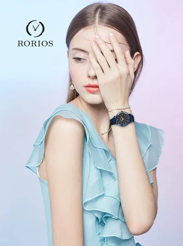 Vista 2 de RORIOS Relojes de cuarzo analógicos de moda con banda de acero inoxidable con esfera de cielo estrellado para niñamujer impermeable, Azul, Relojes