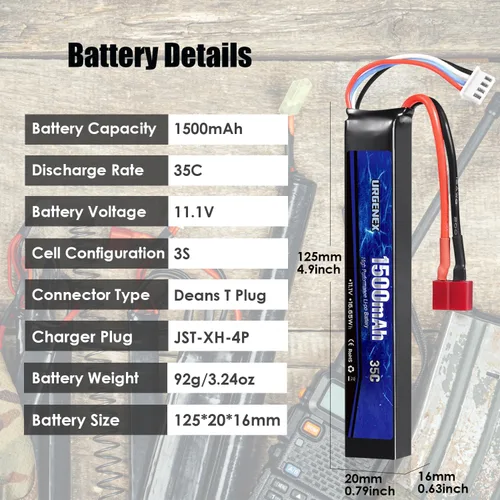 Vista 2 de URGENEX Airsoft Batería 11.1V 1500mAh Dean-Style T Plug 35C Alta tasa de descarga Lipo Pack Recargable 3S Lipo para pistolas modelo Airsoft