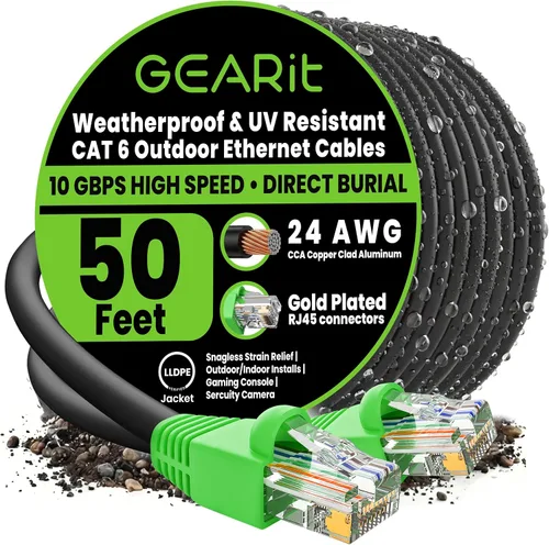 Vista 19 de GEARit - Cable Ethernet RJ45 Cat6 de exterior, velocidad transferencia 10 Gpbs, conector chapado en oro, recubierto de cobre, resiste rayos UV, Negro