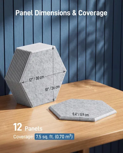 Vista 5 de Paquete de 12 paneles acústicos hexagonales, paneles de pared insonorizados de alta densidad de 12 x 10 x 0.4 pulgadas, paneles de pared acústicos