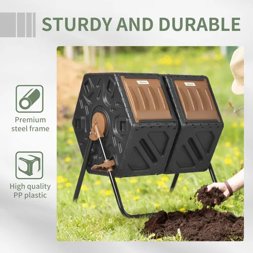 Vista 7 de Contenedor de compostaje para exteriores, 43 galones de doble cámara con puertas correderas, vaso de compostaje grande, contenedor de abono