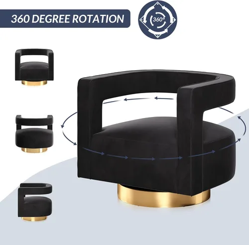 Vista 22 de BELLEZE Silla giratoria con diseño de barril, moderna silla redonda con respaldo curvado de terciopelo con base dorada, 360 grados para sala