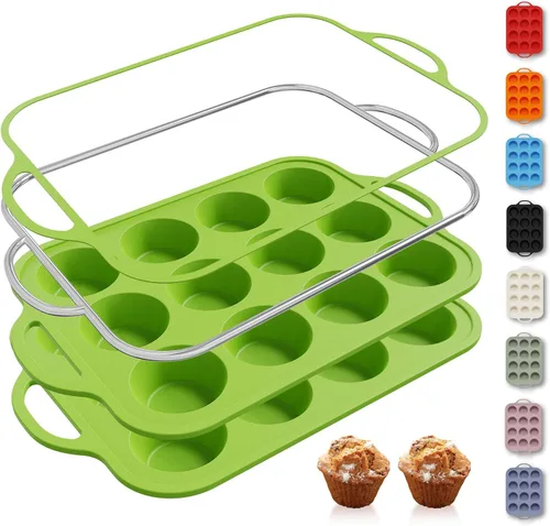 Vista 11 de 12 Tazas Molde para Muffins de Silicona con Marco Reforzado de Metal, Molde Regular para Cupcakes, Bandeja para Huevos, Moldos Circulares