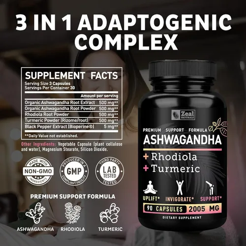 Vista 2 de Zeal Naturals Complejo adaptogénico de Ashwagandha 2005 mg, 90 cápsulas Polvo orgánico de raíz de ashwagandha + Rhodiola Rosea + cúrcuma