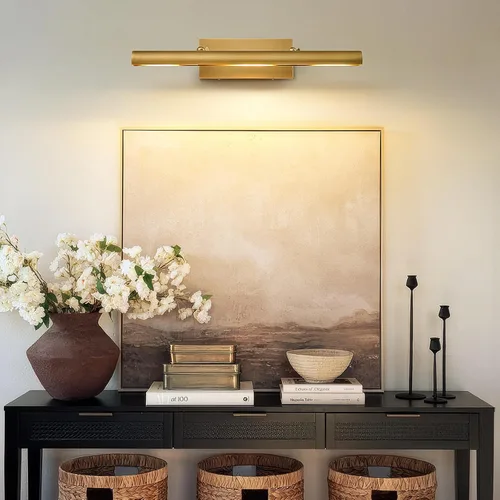 Vista 8 de Luz de imagen de latón para pared: 24 pulgadas, cableada, regulable, vintage, dorado, cepillado, galería, iluminación artística sobre marco