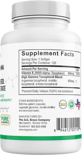 Vista 7 de UNIQUE E A.C. Grace Company - Tocoferoles mixtos 120 geles blandos, apoya la función cerebral saludable, salud general y apoyo al envejecimiento