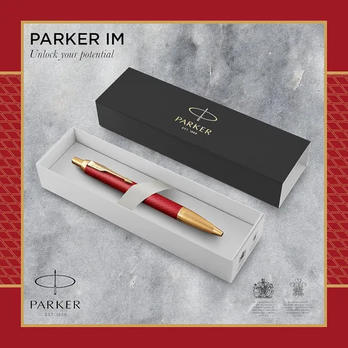 Vista 2 de PARKER IM - Bolígrafo Laca roja premium con ribete dorado Punta media con recarga de tinta azul Caja de regalo