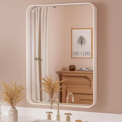 Vista 127 de TETOTE Espejo de marco dorado cepillado de 16 x 24 pulgadas, espejo de tocador de baño de latón dorado para pared, espejo enmarcado rectangular