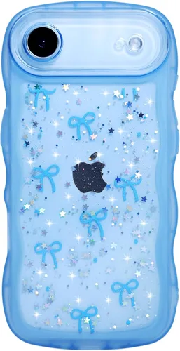 Vista 33 de Qokey para iPhone 14 Plus Funda de 6.7" con diseño de borde ondulado rizado, transparente, con purpurina, brillo, estrellas, brillante, lindo