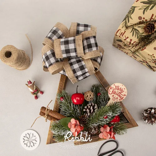 Vista 3 de Ribbli Cinta de arpillera navideña con alambre, diseño a cuadros de búfalo con arpillera de 2-1/2 pulgadas x 10 yardas continuas, cinta de Navidad