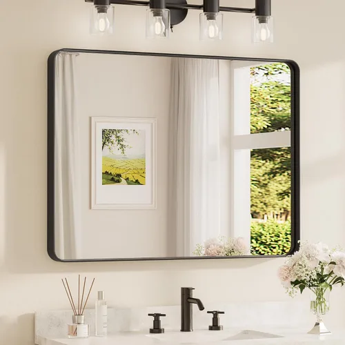 Vista 61 de TETOTE Espejo de marco dorado cepillado de 16 x 24 pulgadas, espejo de tocador de baño de latón dorado para pared, espejo enmarcado rectangular