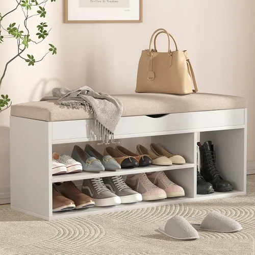 Apicizon Banco de almacenamiento de 39 pulgadas, banco de zapatos con espacio de almacenamiento abatible y cojín acolchado, banco de entrada de Beige