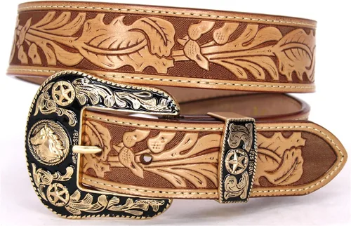 Vista 24 de Western Cowboy - Cinturón de cuero genuino con hebilla grabada, estilo country rodeo para hombre 8052 2cocodrilo Cf