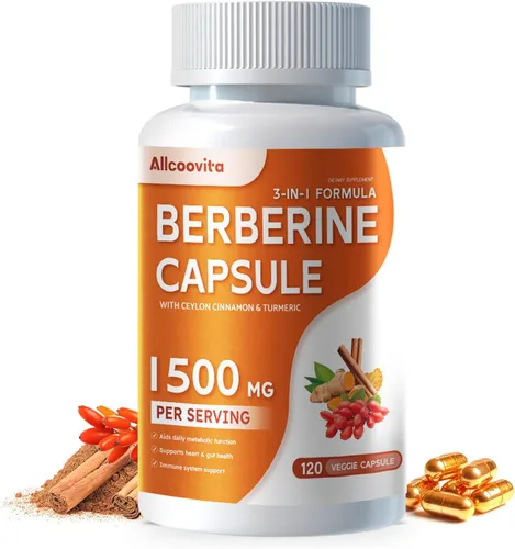 Allcoovita Suplemento de berberina – Berberina 1500 mg por porción, 120 cápsulas – Berberina HCI – Berberina Plus – Plus Pure True Ceilán canela,