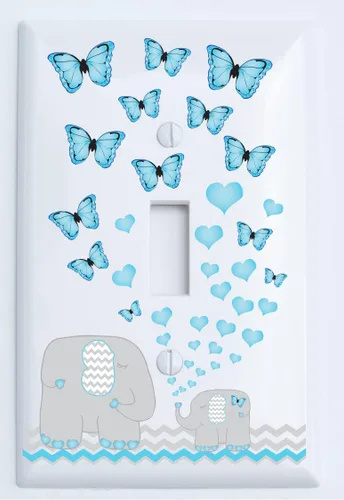 Placa de interruptor de luz con corazones de mariposa azul y elefante, cubierta de salida para decoración de guardería con Chevrons (palanca