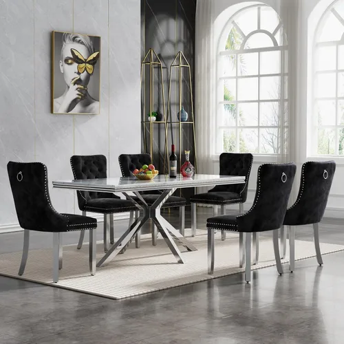 Vista 76 de Juego de 5 mesas de comedor, juego de mesa de cocina y comedor para 4, mesa de cocina rectangular de mármol sintético blanco de 47 pulgadas con base