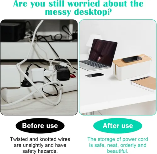 Vista 5 de Caja de ordenamiento de cables blanco con tapa de bambú, organizador de cables, caja de gestión de cables para ocultar cables y enchufes