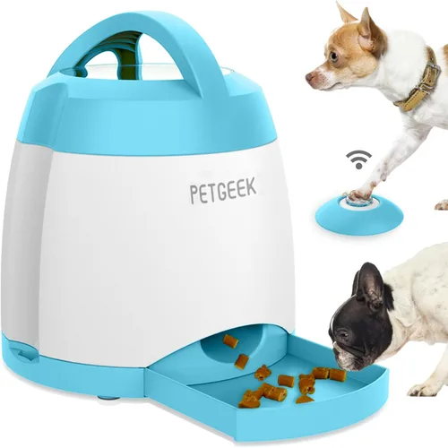 PETGEEK Dispensador de golosinas para perros con botón, alimentador automático para perros con control remoto y doble fuente de alimentación, Azul