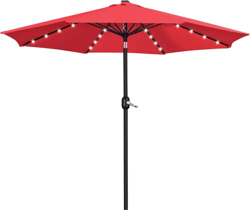 Vista 19 de Yaheetech Sombrilla solar de 9 pies para patio, sombrilla de mercado para mesa al aire libre con 8 varillas y 32 luces LED, inclinación, manivela