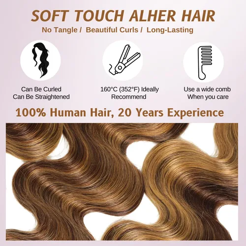 Vista 7 de ALHER Cierre de Encaje 4x4 Body Wave Rubio Miel con Mechas Marrones Ombré 4/27 Coloreado Cierre 4x4 Ondulado Raya Libre Melt 10 Pulgadas 12A