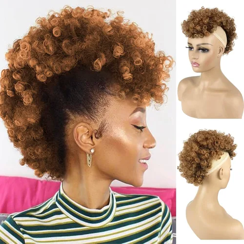 Vista 6 de Cola de caballo afro Puff Mohawk Jerry rizada sin cordón con clip sintético Fauxhawks Afro Puff Bun con flequillo, extensiones de cabello corto afro