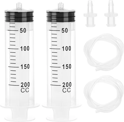 Vista 9 de DEPEPE 2 jeringas de plástico de 2.0 fl oz con 2 tubos de plástico de 13 pulgadas y conexiones Luer para laboratorios científicos, medición, riego
