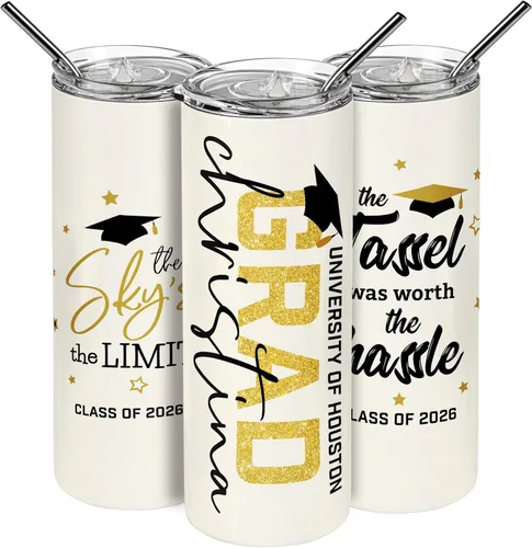 Regalos de graduación para ella, vaso delgado de graduación personalizado con popote, tapa, 20 onzas, 8 diseños, taza de café de graduación