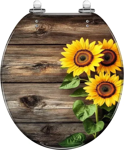 Asiento de inodoro redondo con diseño de girasoles, tabla de madera, asiento de inodoro de resina, tapa de cierre silencioso lento con bisagras de