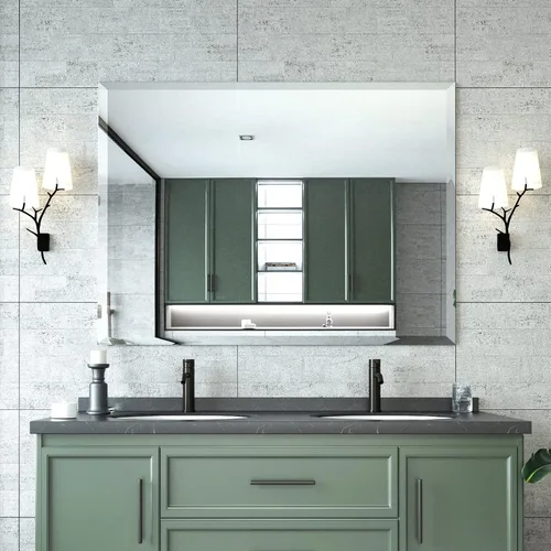 Vista 17 de Mirrorons Espejo biselado, espejo de pared de 24 x 32 pulgadas, espejo rectangular sin marco para tocador de baño con borde biselado, se cuelga