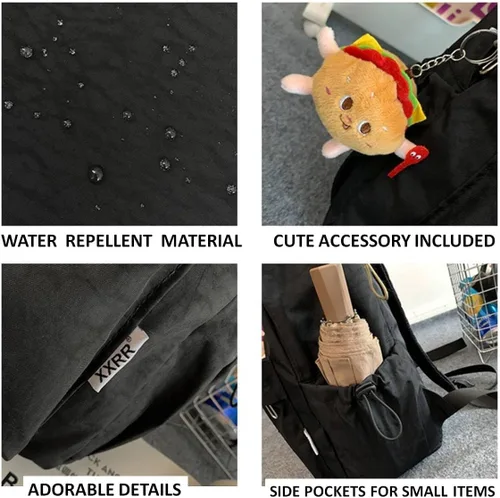 Vista 3 de Mochila Kawaii con bonitos accesorios, patrones de estrellas y material de nailon duradero, Negro 1, Kawaii