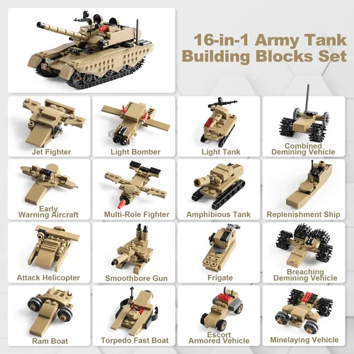 Vista 5 de Juego de bloques de construcción de juguete de tanque militar compatible con Lego, crea un tanque blindado o 16 modelos militares pequeños, gran