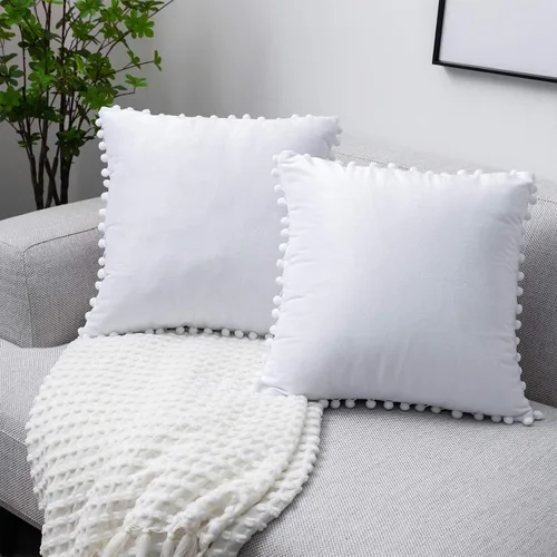 Vista 6 de Juego de 2 fundas para cojines decorativos de terciopelo sólido suave con borde de pompones Gris