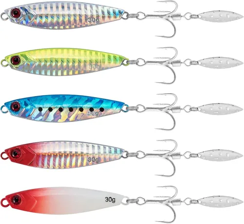 Dr.Fish Paquete de 5 cucharas de metal para jigging cucharas de pesca de agua salada, señuelos de casting vertical de diamante, señuelos de